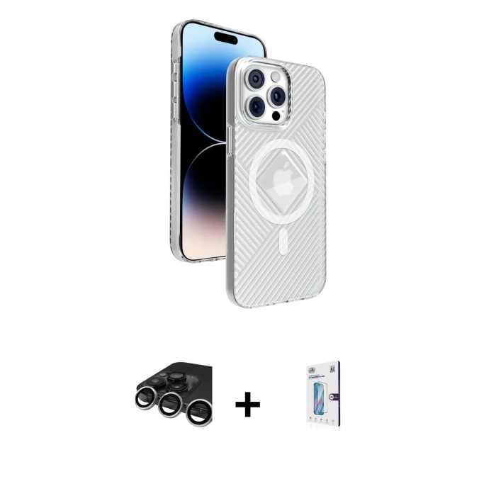 MARSİLYAN™- iPhone 15 Pro Max Kılıf Nova Modern Prime - Siyah Bilvis 0.18mm Plus Cam Ekran Koruyucu + Raze Metal Kamera Lens - GS