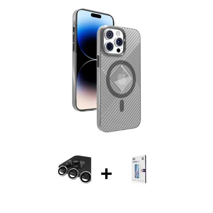 MARSİLYAN™- iPhone 15 Pro Max Kılıf Nova Modern Prime - Siyah Bilvis 0.18mm Plus Cam Ekran Koruyucu + Raze Metal Kamera Lens - GS