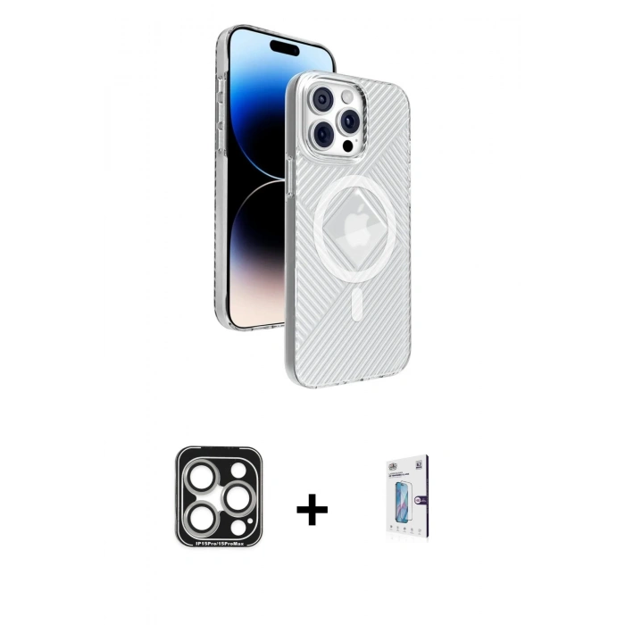 MARSİLYAN™- iPhone 15 Pro Max Kılıf Nova Modern Prime - Siyah Bilvis 0.18mm Plus Cam Ekran Koruyucu + PVD Metal Kamera Lens - GS