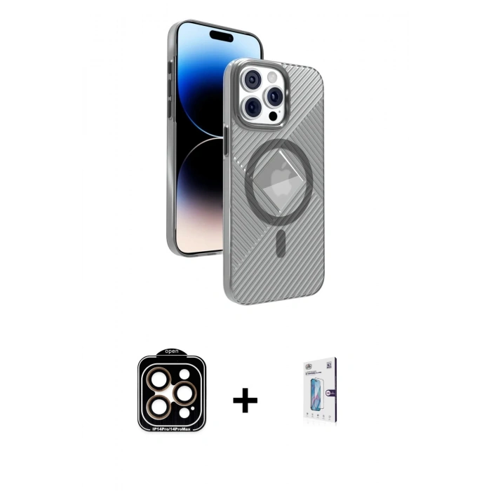 MARSİLYAN™- iPhone 15 Pro Max Kılıf Nova Modern Prime - Siyah Bilvis 0.18mm Plus Cam Ekran Koruyucu + PVD Metal Kamera Lens - TU