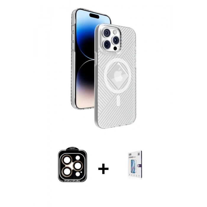 MARSİLYAN™- iPhone 15 Pro Max Kılıf Nova Modern Prime - Siyah Bilvis 0.18mm Plus Cam Ekran Koruyucu + PVD Metal Kamera Lens - TU