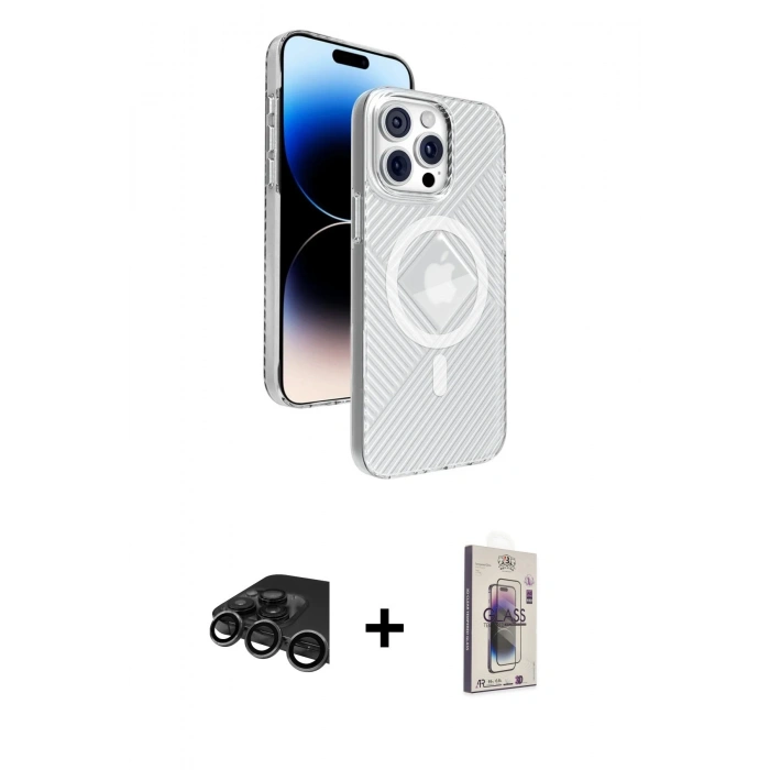 MARSİLYAN™- iPhone 15 Pro Max Kılıf Nova Modern Prime - Siyah Bilvis 3D Cam Ekran Koruyucu + Raze Metal Kamera Lens - TMGI