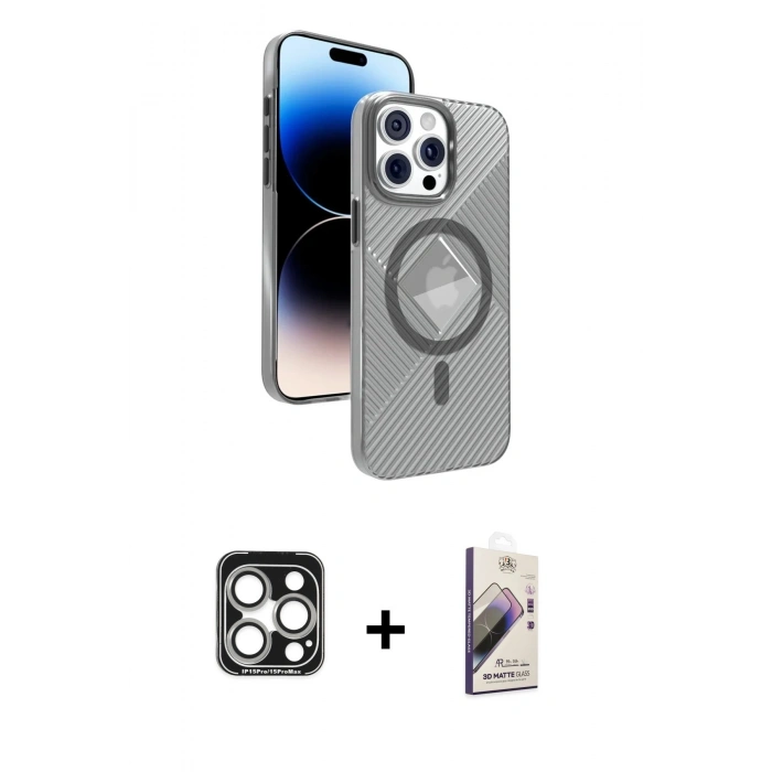 MARSİLYAN™- iPhone 15 Pro Max Kılıf Nova Modern Prime - Siyah Bilvis 3D Mat Cam Ekran Koruyucu + Gümüş PVD Metal Kamera Lens