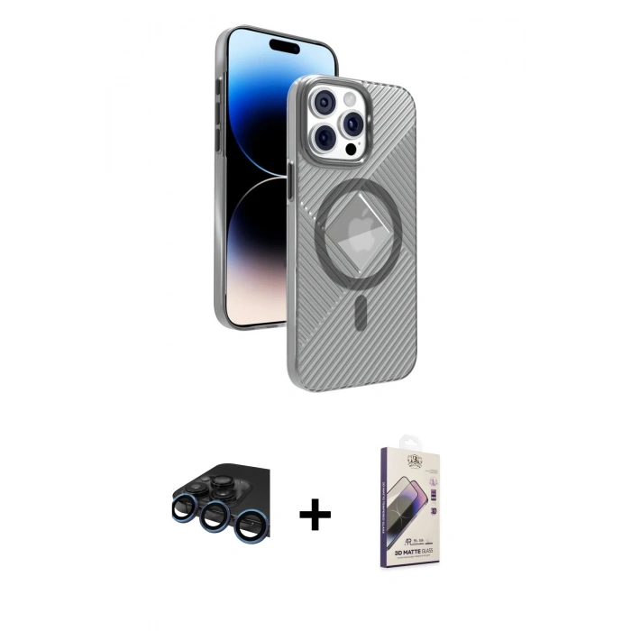 MARSİLYAN™- iPhone 15 Pro Max Kılıf Nova Modern Prime - Siyah Bilvis 3D Mat Cam Ekran Koruyucu + Lacivert Raze Metal Kamera Lens