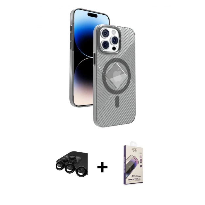 MARSİLYAN™- iPhone 15 Pro Max Kılıf Nova Modern Prime - Siyah Bilvis 3D Mat Cam Ekran Koruyucu + Siyah Raze Metal Kamera Lens