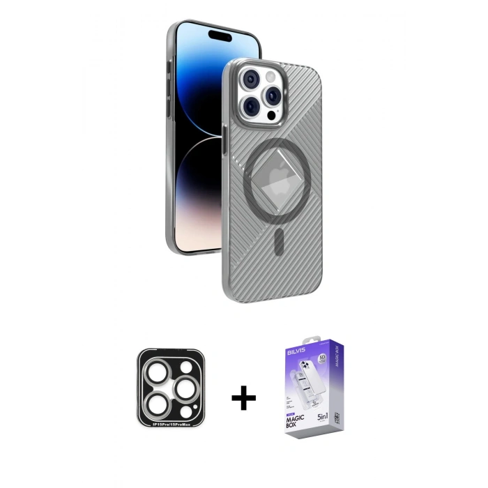 MARSİLYAN™- iPhone 15 Pro Max Kılıf Nova Modern Prime - Siyah Bilvis 5in1 3D Magic Cam Ekran Koruyucu + Gümüş PVD Metal Kamera Lens