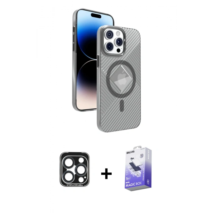 MARSİLYAN™- iPhone 15 Pro Max Kılıf Nova Modern Prime - Siyah Bilvis 5in1 5D Magic Hayalet Cam Ekran Koruyucu + PVD Metal Kamera Lens - LT