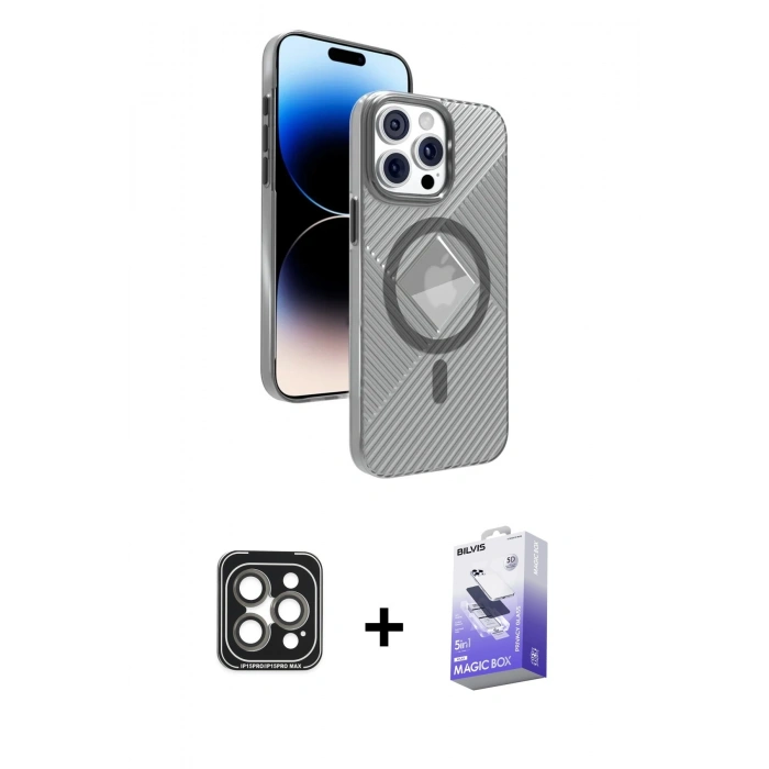MARSİLYAN™- iPhone 15 Pro Max Kılıf Nova Modern Prime - Siyah Bilvis 5in1 5D Magic Hayalet Cam Ekran Koruyucu + PVD Metal Kamera Lens - GI