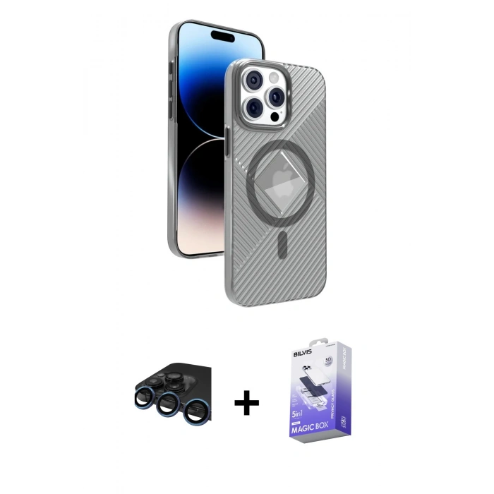 MARSİLYAN™- iPhone 15 Pro Max Kılıf Nova Modern Prime - Siyah Bilvis 5in1 5D Magic Hayalet Cam Ekran Koruyucu + Raze Metal Kamera Lens - LT