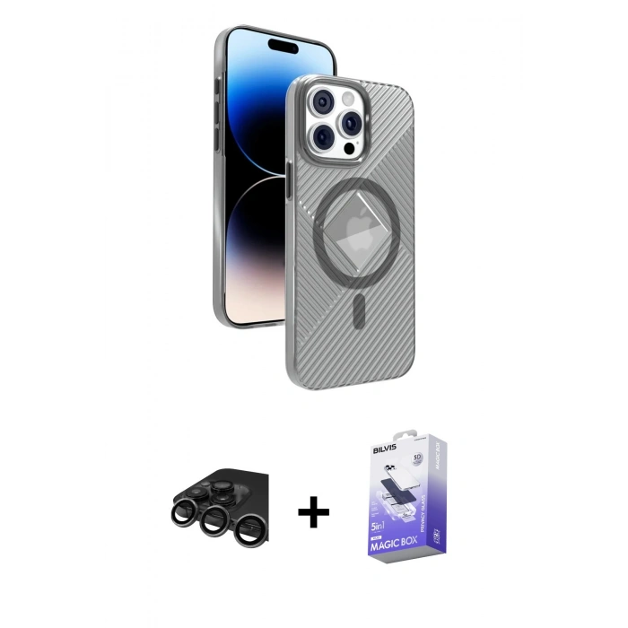 MARSİLYAN™- iPhone 15 Pro Max Kılıf Nova Modern Prime - Siyah Bilvis 5in1 5D Magic Hayalet Cam Ekran Koruyucu + Raze Metal Kamera Lens - TMGI