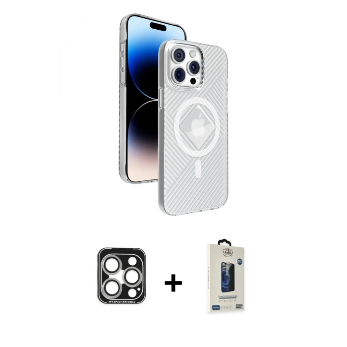 MARSİLYAN™- iPhone 15 Pro Max Kılıf Nova Modern Prime - Siyah Bilvis Hayalet Cam Ekran Koruyucu + Gümüş PVD Metal Kamera Lens