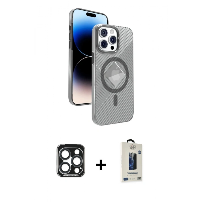 MARSİLYAN™- iPhone 15 Pro Max Kılıf Nova Modern Prime - Siyah Bilvis Hayalet Cam Ekran Koruyucu + PVD Metal Kamera Lens - LT
