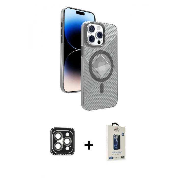 MARSİLYAN™- iPhone 15 Pro Max Kılıf Nova Modern Prime - Siyah Bilvis Hayalet Cam Ekran Koruyucu + PVD Metal Kamera Lens - GI