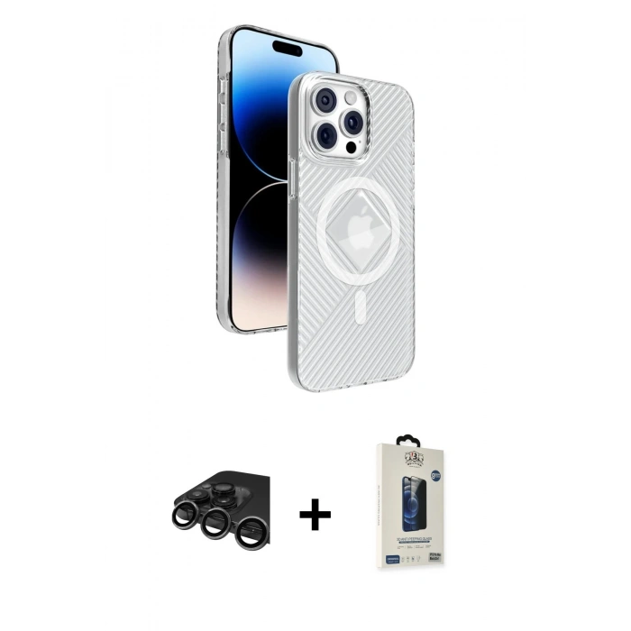 MARSİLYAN™- iPhone 15 Pro Max Kılıf Nova Modern Prime - Siyah Bilvis Hayalet Cam Ekran Koruyucu + Raze Metal Kamera Lens - TMGI