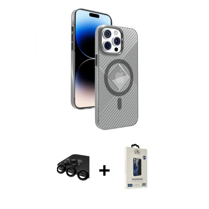 MARSİLYAN™- iPhone 15 Pro Max Kılıf Nova Modern Prime - Siyah Bilvis Hayalet Cam Ekran Koruyucu + Raze Metal Kamera Lens - SH