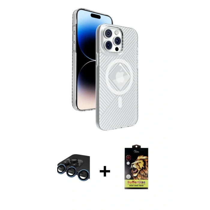 MARSİLYAN™- iPhone 15 Pro Max Kılıf Nova Modern Prime - Siyah Buffer Cam Ekran Koruyucu + Raze Metal Kamera Lens - LT