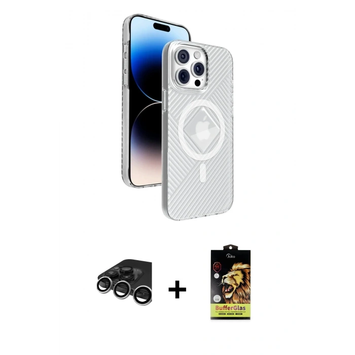 MARSİLYAN™- iPhone 15 Pro Max Kılıf Nova Modern Prime - Siyah Buffer Cam Ekran Koruyucu + Raze Metal Kamera Lens - GS
