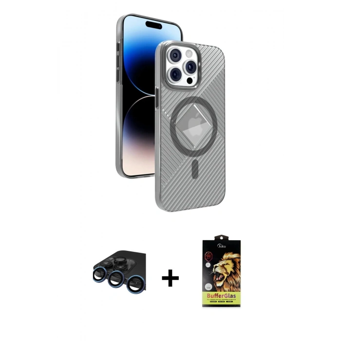 MARSİLYAN™- iPhone 15 Pro Max Kılıf Nova Modern Prime - Siyah Buffer Cam Ekran Koruyucu + Raze Metal Kamera Lens - LT