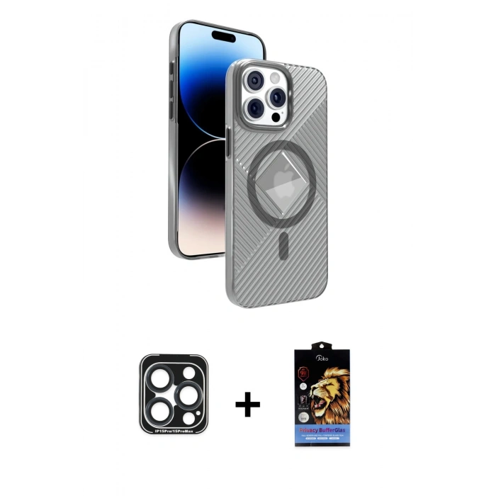MARSİLYAN™- iPhone 15 Pro Max Kılıf Nova Modern Prime - Siyah Buffer Hayalet Cam Ekran Koruyucu + PVD Metal Kamera Lens - LT