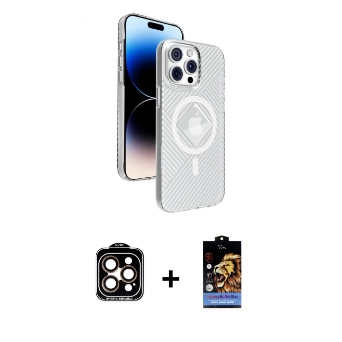 MARSİLYAN™- iPhone 15 Pro Max Kılıf Nova Modern Prime - Siyah Buffer Hayalet Cam Ekran Koruyucu + PVD Metal Kamera Lens - TU