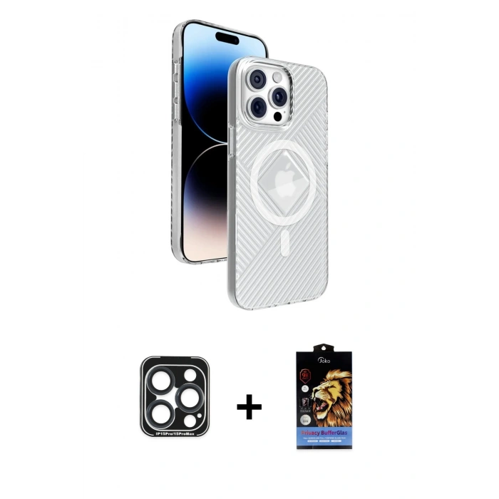 MARSİLYAN™- iPhone 15 Pro Max Kılıf Nova Modern Prime - Siyah Buffer Hayalet Cam Ekran Koruyucu + PVD Metal Kamera Lens - LT