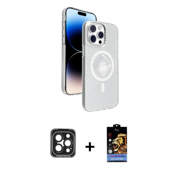 MARSİLYAN™- iPhone 15 Pro Max Kılıf Nova Modern Prime - Siyah Buffer Hayalet Cam Ekran Koruyucu + PVD Metal Kamera Lens - SH