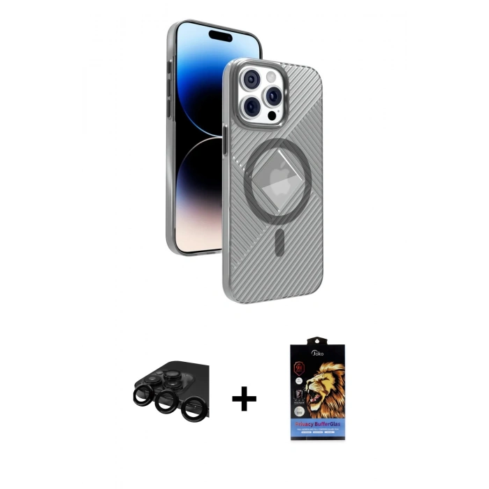 MARSİLYAN™- iPhone 15 Pro Max Kılıf Nova Modern Prime - Siyah Buffer Hayalet Cam Ekran Koruyucu + Raze Metal Kamera Lens - SH