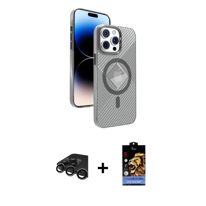 MARSİLYAN™- iPhone 15 Pro Max Kılıf Nova Modern Prime - Siyah Buffer Hayalet Cam Ekran Koruyucu + Raze Metal Kamera Lens - TMGI