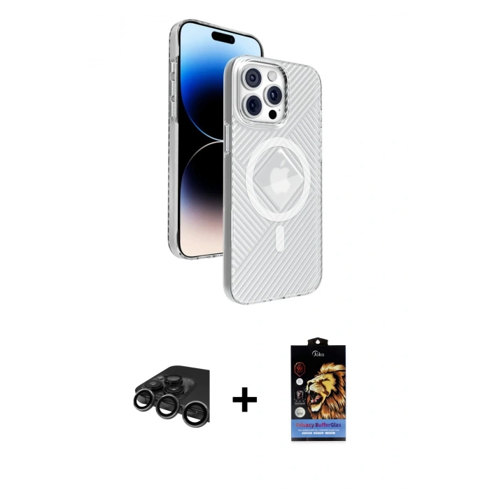 MARSİLYAN™- iPhone 15 Pro Max Kılıf Nova Modern Prime - Siyah Buffer Hayalet Cam Ekran Koruyucu + Raze Metal Kamera Lens - TMGI