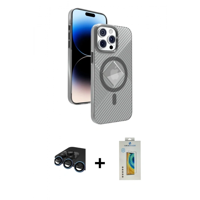 MARSİLYAN™- iPhone 15 Pro Max Kılıf Nova Modern Prime - Siyah Polymer Nano Ekran Koruyucu + Lacivert Raze Metal Kamera Lens