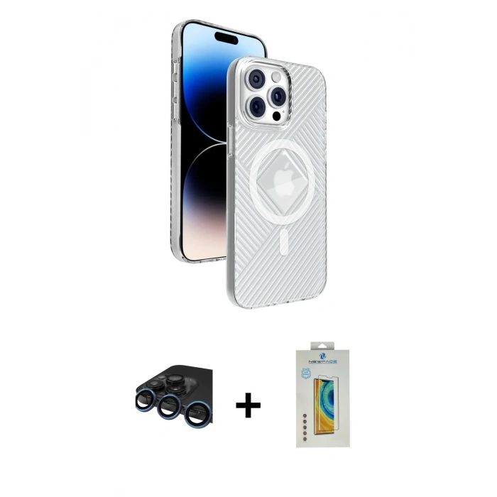 MARSİLYAN™- iPhone 15 Pro Max Kılıf Nova Modern Prime - Siyah Polymer Nano Ekran Koruyucu + Lacivert Raze Metal Kamera Lens