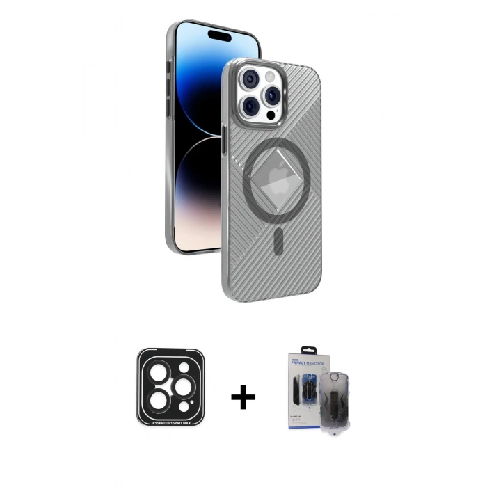MARSİLYAN™- iPhone 15 Pro Max Kılıf Nova Modern Prime - Siyah Vanessa Magic Hayalet Cam + PVD Metal Kamera Lens - SH