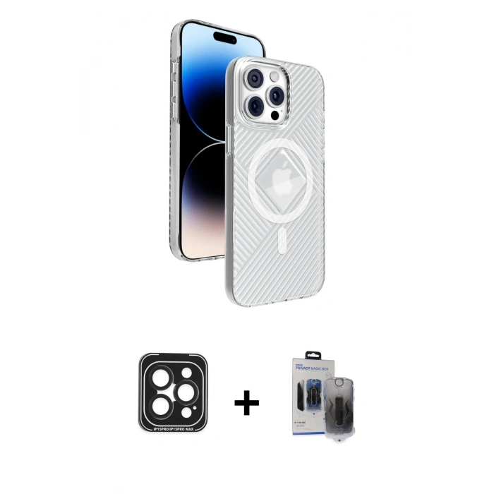 MARSİLYAN™- iPhone 15 Pro Max Kılıf Nova Modern Prime - Siyah Vanessa Magic Hayalet Cam + PVD Metal Kamera Lens - SH