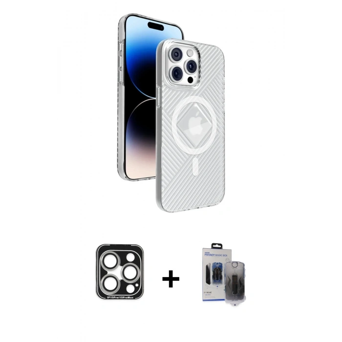MARSİLYAN™- iPhone 15 Pro Max Kılıf Nova Modern Prime - Siyah Vanessa Magic Hayalet Cam + PVD Metal Kamera Lens - GS