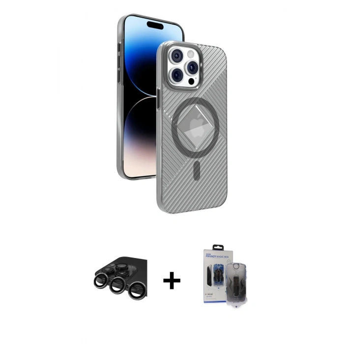 MARSİLYAN™- iPhone 15 Pro Max Kılıf Nova Modern Prime - Siyah Vanessa Magic Hayalet Cam + Titanyum Gri Raze Metal Kamera Lens