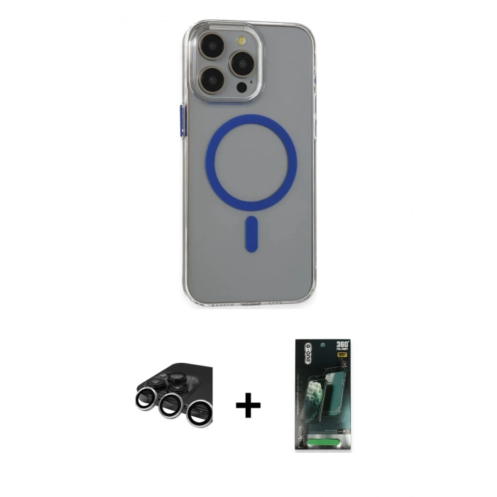 MARSİLYAN™- iPhone 15 Pro Max Kılıf Odak Form Özel Seri - Şeffaf 360 Full Body Arka Koruyucu + Raze Metal Kamera Lens - GS