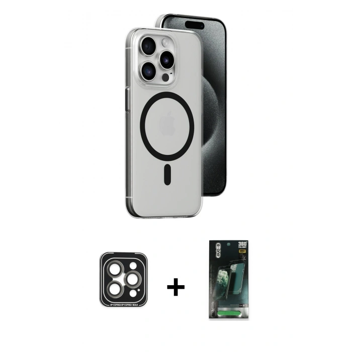 MARSİLYAN™- iPhone 15 Pro Max Kılıf Odak Form Özel Seri - Şeffaf 360 Full Body Arka Koruyucu + PVD Metal Kamera Lens - GI