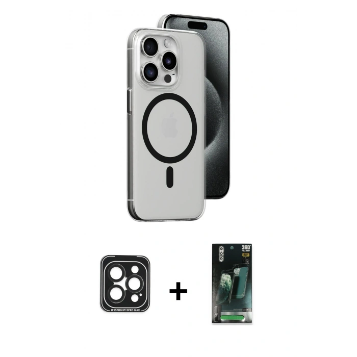 MARSİLYAN™- iPhone 15 Pro Max Kılıf Odak Form Özel Seri - Şeffaf 360 Full Body Arka Koruyucu + PVD Metal Kamera Lens - SH