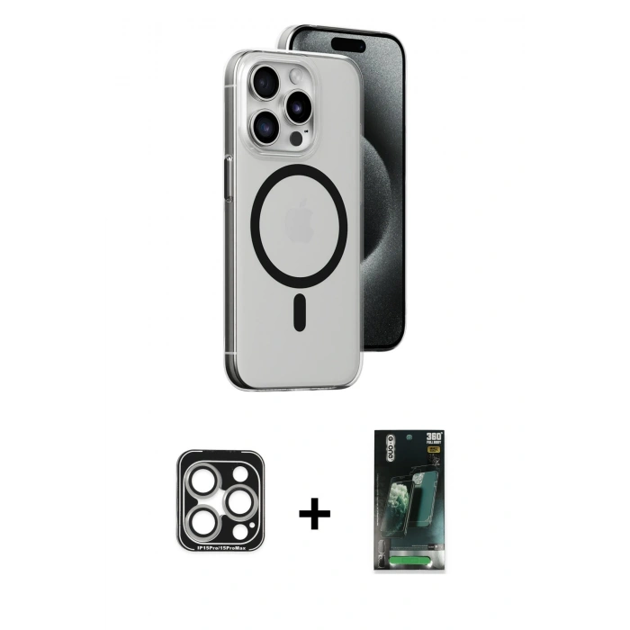 MARSİLYAN™- iPhone 15 Pro Max Kılıf Odak Form Özel Seri - Şeffaf 360 Full Body Arka Koruyucu + PVD Metal Kamera Lens - GS