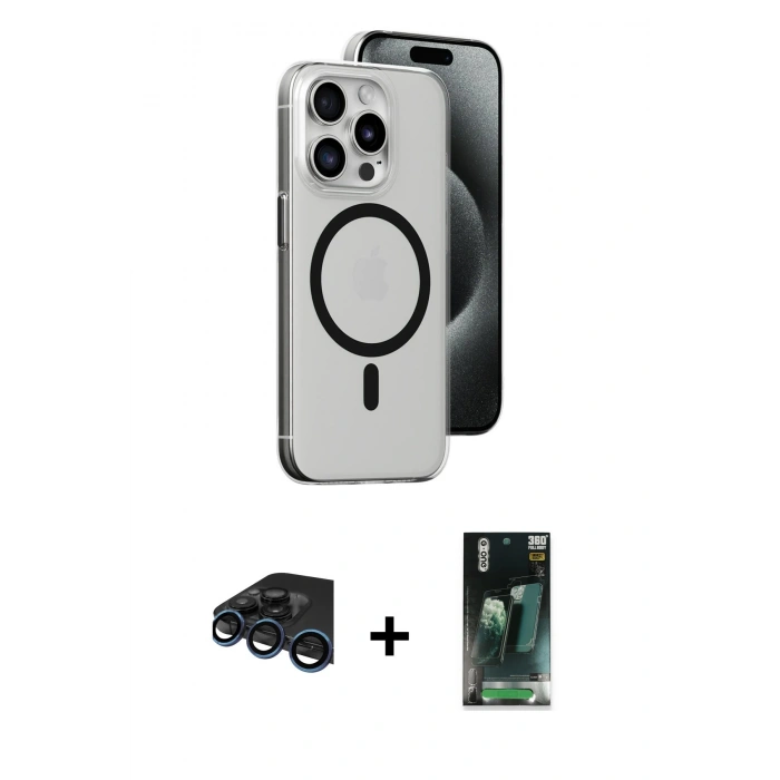MARSİLYAN™- iPhone 15 Pro Max Kılıf Odak Form Özel Seri - Şeffaf 360 Full Body Arka Koruyucu + Raze Metal Kamera Lens - LT