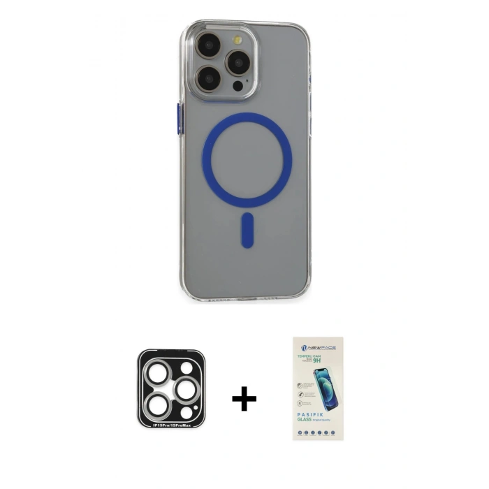 MARSİLYAN™- iPhone 15 Pro Max Kılıf Odak Form Özel Seri - Şeffaf Pasifik Cam Ekran Koruyucu + Gümüş PVD Metal Kamera Lens