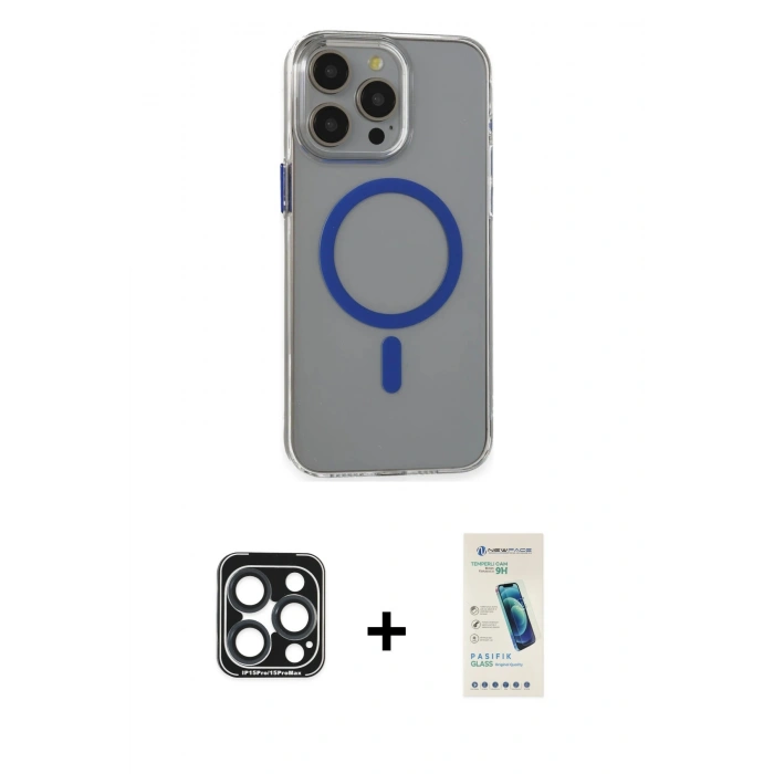 MARSİLYAN™- iPhone 15 Pro Max Kılıf Odak Form Özel Seri - Şeffaf Pasifik Cam Ekran Koruyucu + PVD Metal Kamera Lens - LT