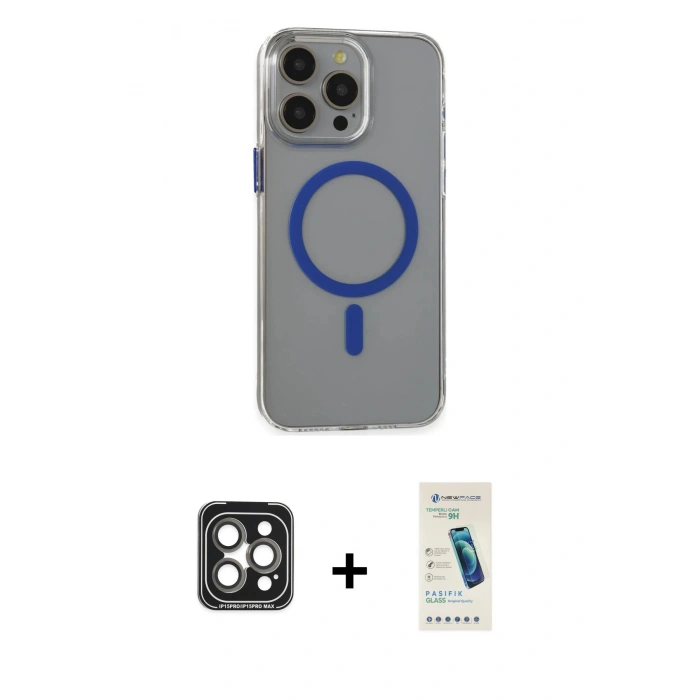 MARSİLYAN™- iPhone 15 Pro Max Kılıf Odak Form Özel Seri - Şeffaf Pasifik Cam Ekran Koruyucu + PVD Metal Kamera Lens - GI