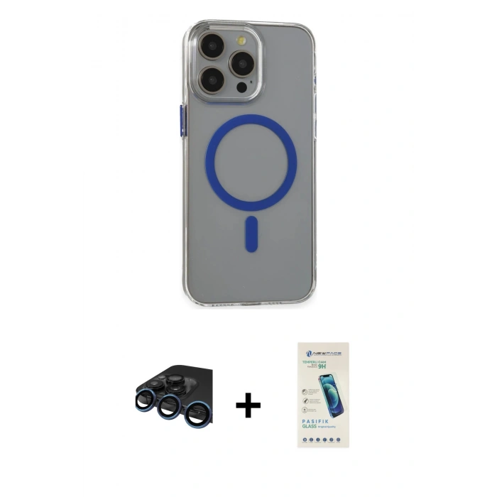 MARSİLYAN™- iPhone 15 Pro Max Kılıf Odak Form Özel Seri - Şeffaf Pasifik Cam Ekran Koruyucu + Raze Metal Kamera Lens - LT