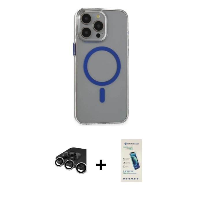 MARSİLYAN™- iPhone 15 Pro Max Kılıf Odak Form Özel Seri - Şeffaf Pasifik Cam Ekran Koruyucu + Raze Metal Kamera Lens - GS