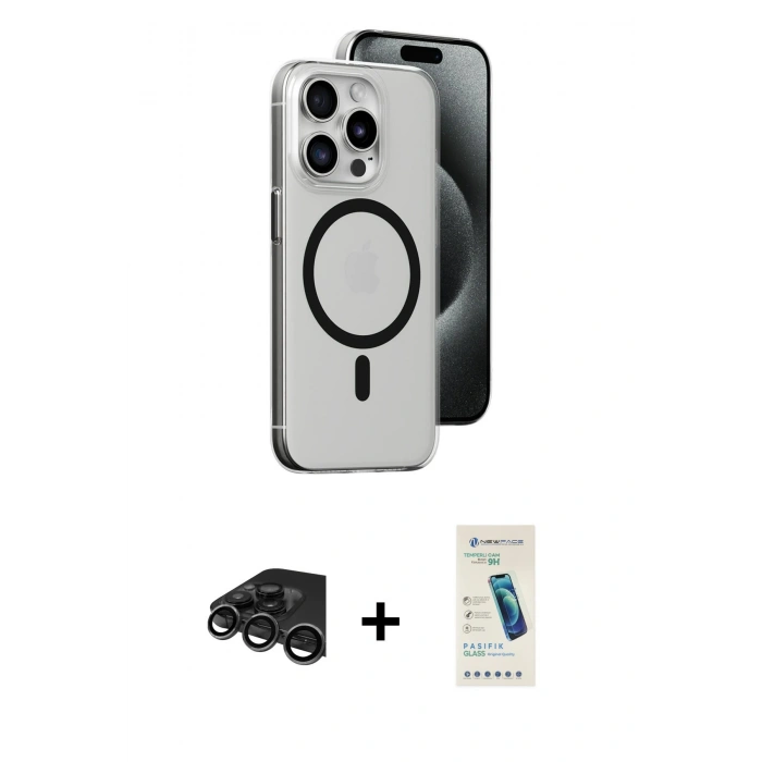MARSİLYAN™- iPhone 15 Pro Max Kılıf Odak Form Özel Seri - Şeffaf Pasifik Cam Ekran Koruyucu + Raze Metal Kamera Lens - TMGI