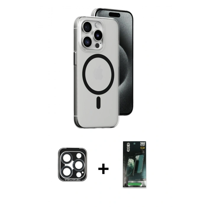 MARSİLYAN™- iPhone 15 Pro Max Kılıf Odak Form Özel Seri - Siyah 360 Mat Full Body Arka Koruyucu + PVD Metal Kamera Lens - LT