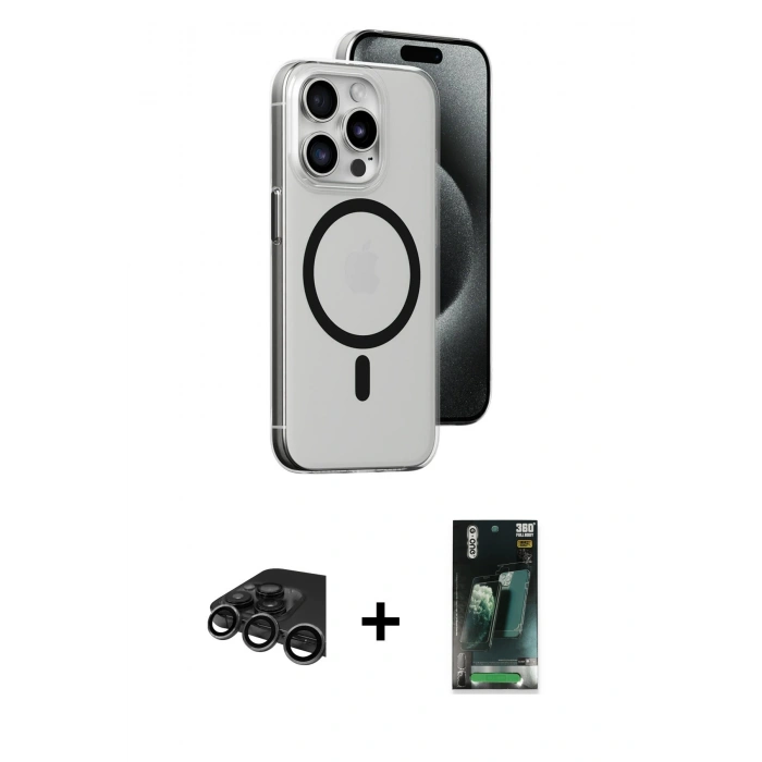 MARSİLYAN™- iPhone 15 Pro Max Kılıf Odak Form Özel Seri - Siyah 360 Mat Full Body Arka Koruyucu + Raze Metal Kamera Lens - TMGI