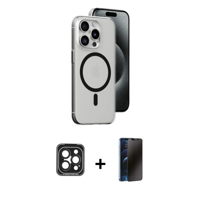 MARSİLYAN™- iPhone 15 Pro Max Kılıf Odak Form Özel Seri - Siyah 3D Antistatik Hayalet Cam Ekran Koruyucu + PVD Metal Kamera Lens - SH