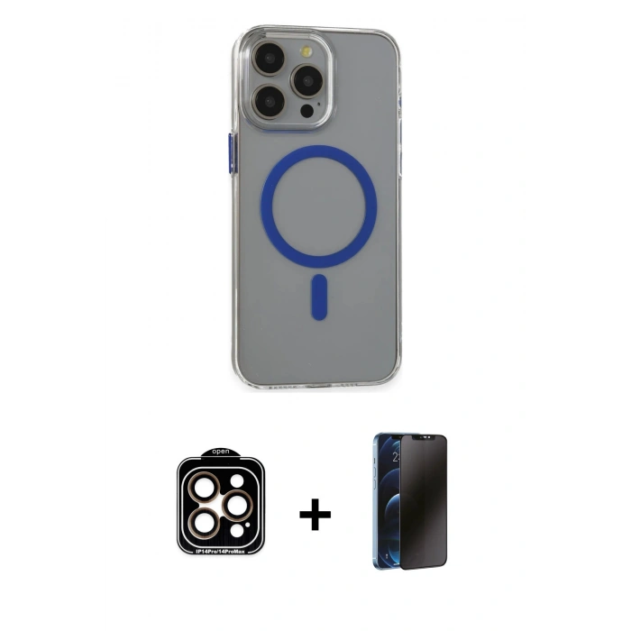 MARSİLYAN™- iPhone 15 Pro Max Kılıf Odak Form Özel Seri - Siyah 3D Antistatik Hayalet Cam Ekran Koruyucu + PVD Metal Kamera Lens - TU